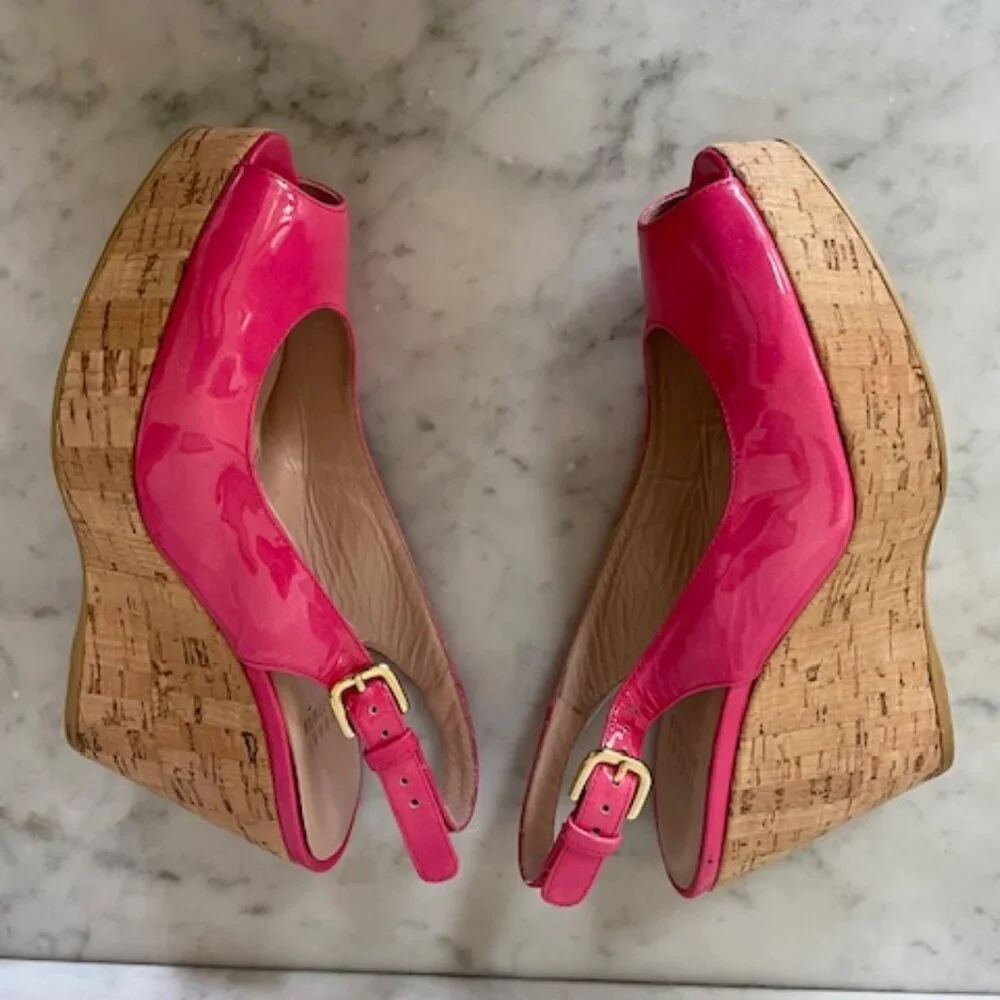 STUART WEITZMAN Jenny Fuchsia Peep Toe Sling Back Cork Wedge 6M